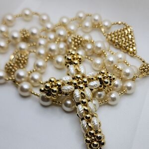 Elegant Gold Tone and Faux Pearl Cross Rosary